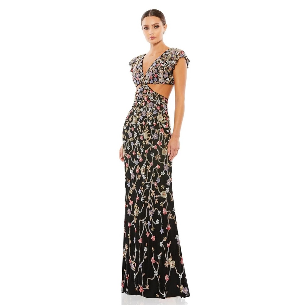 $698 Mac Duggal 5564 Embellished Cutout Gown – Black Multi Beaded Floral Maxi